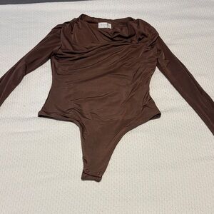 Meshki Chocolate Draped body suit all with shoulder pads
